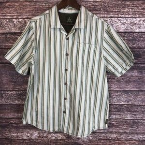 Prana Men Green Brown Stripe Dot Short Sleeve Cotton Blend Button Up Shirt Large